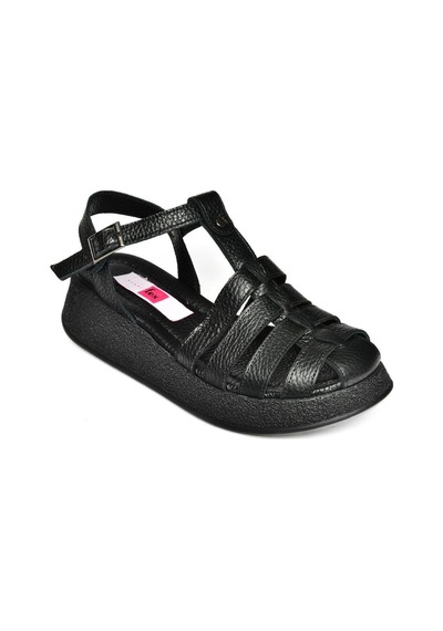 Fox Shoes P555050503 Siyah Hakiki Deri Kalın Tabanlı Sandalet Siyah