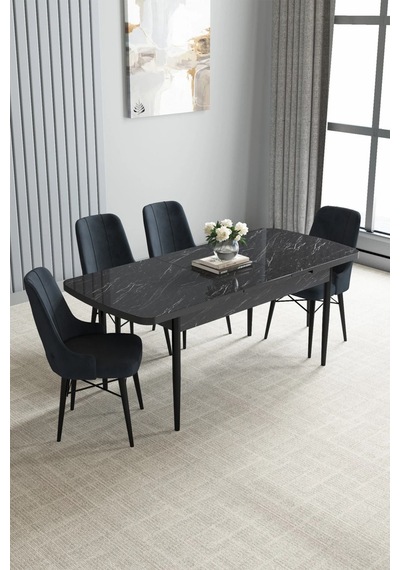 Zümra Serisi, Siyah Mermer Desen 80x132 Açılabilir Mdf Mutfak Masası Takımı 4 Adet Sandalye, Antrasit Zümra Serisi, Siyah Mermer Desen 80x132 Açılabilir Mdf Mutfak Masası Takımı 4 Adet Sandalye, Antrasit