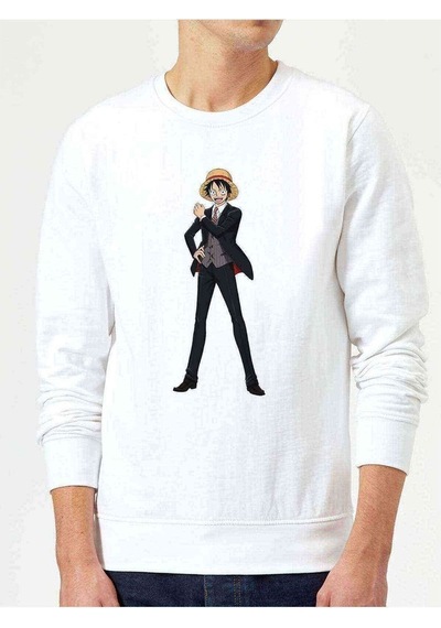 Anime One Piece Commander Baskılı Beyaz Erkek Örme Sweatshirt