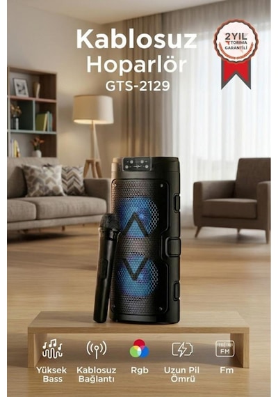 Bluetooth Hoparlör Mikrofonlu Rgb Işıklı Taşınabilir Parti Speaker Gts-2129 Siyah