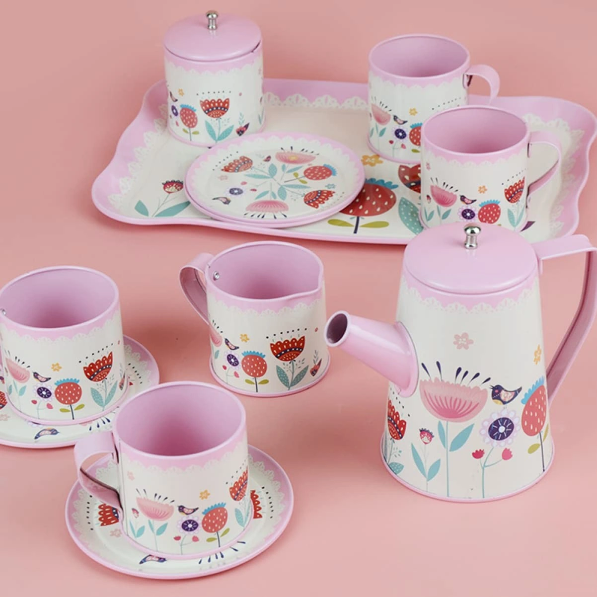 Çiçek Desenli Metal Çay Seti 12 Parça Çocuklar İçin Renkli Oyun Çay Servis Takımı - Pembe Çay Seti Oyuncak Çiçek Desenli Metal Çay Seti 12 Parça Çocuklar İçin Renkli Oyun Çay Servis Takımı - Pembe Çay Seti Oyuncak