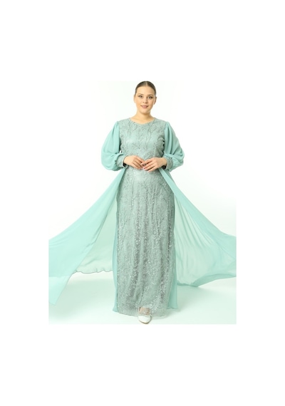 Ladies First Büyük Beden 3704 Küf Yeşili Uzun Abiye Elbise