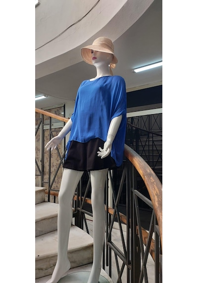 Bohem Stil İtalyan Yarasa Kollu İpek Bluz Saks Mavi