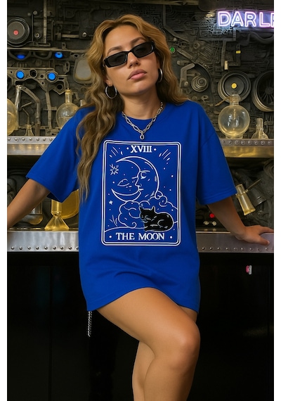The Moon Baskılı Oversize Unisex Tişört Saks