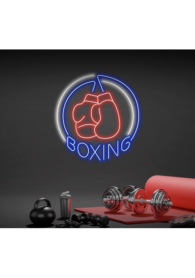 Boxıng Yazılı Ve Boks Eldiveni Figürlü Neon Tabela Mavi