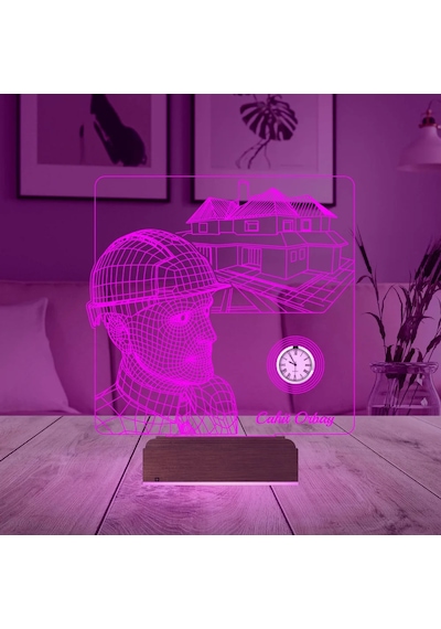 Luvivia İnşaat Mühendisi Mimar Müteahhit Kişiye Özel Metal Saatli 3d Lamba - Masa Gece Lambası Şeffaf