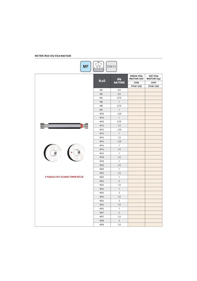 Fett M20x1,5 Pld C998 Metrik Erkek İnce Diş Vida Mastarı
