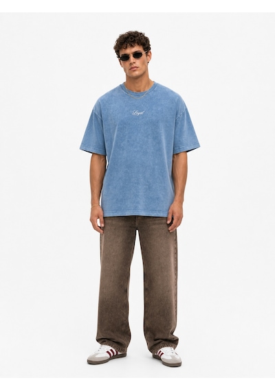 Respire Erkek Nakış Detaylı Yıkamalı Oversize T-shirt Mavi