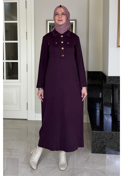 Rabia Şamlı Beste Triko Elbise Mürdüm Normal