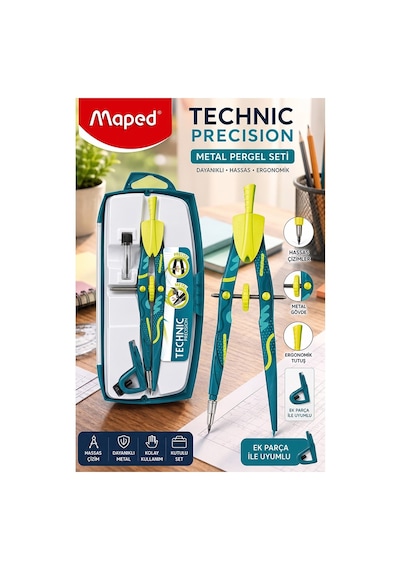 Yeşil Metal Pergel Seti 3 Parça 1 Adet Maped Technic 291013 Precision Profesyonel Pergel Çizim Matematik Geometri Mimari