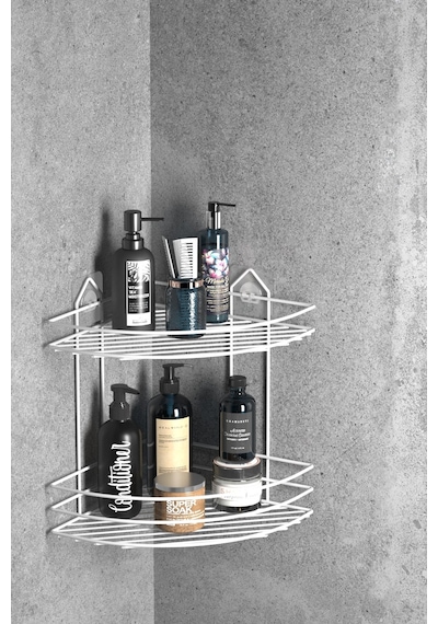 Teknotel Banyo Düzenleyici Şampuanlık Sabunluk 2 Katlı Yapışkanlı Banyo Duş Rafı Beyaz St002 Beyaz