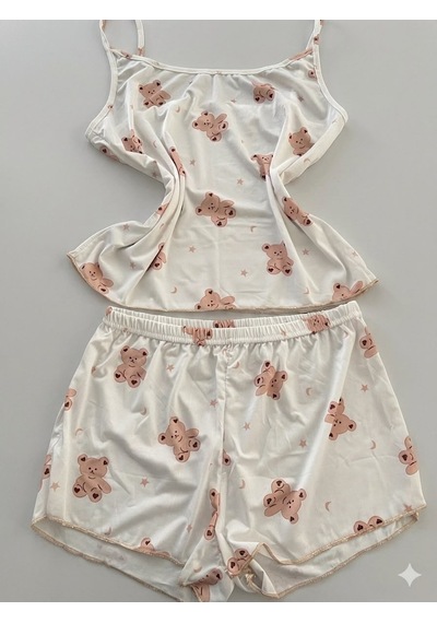 Miressa Ayıcıklı Pijama Takımı Şortlu Açık Krem