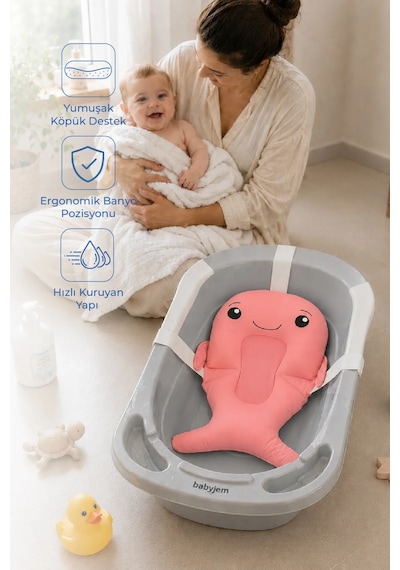 Babyjem Sevimli Balina Köpüklü Banyo Küveti Yatağı Pembe (Straforlu - Suda Batmaz)