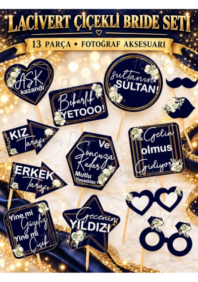 Lacivert Çiçekli Bride To Be Konuşma Balonu Seti 13 Parça