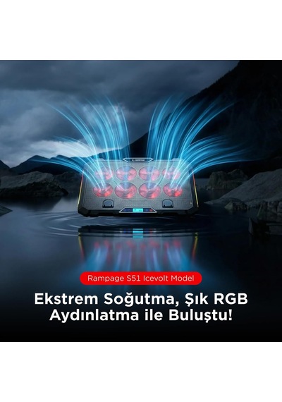 S51 Icevolt Siyah Rgb Işıklı 8 Fanlı Lcd Göstergeli 16 Kadar Yükselebilen Notebook Soğutucu
