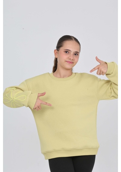 Toontoy Kız Çocuk Relax Fit Bisiklet Yaka Düşük Omuz Sweatshirt Açık Yeşil