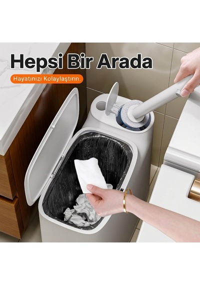 Kartuşlu Tuvalet Fırçası Ve Çöp Kovası Seti 2'si 1 Arada Dokunmatik Kapaklı Hijyenik Wc Banyo Temi Beyaz