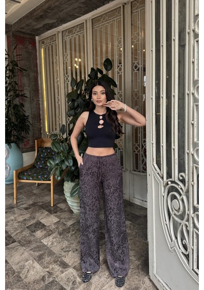 Kechi Woman Leopar Desenli Saten Pantolon Kahverengi
