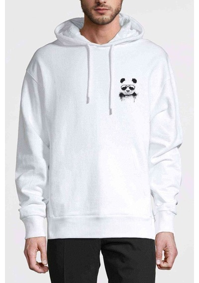 Panda Cool Baskılı Beyaz Erkek Örme Kapşonlu Sweatshirt