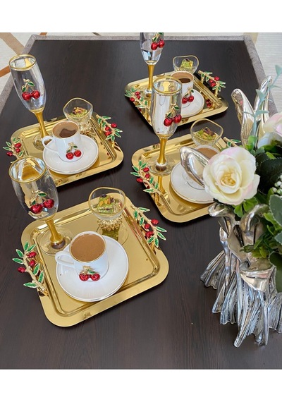 Atabey Home Collection 6'lı Kahve & Çay & Sunum Tepsisi Gold Tepsi Zeytin Dali & Kiraz Modele Uyumlu