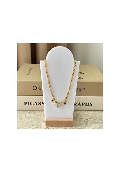 Renkli Taşlı Charm Detaylı Gold Zincir Kolye Şık Kadın Kolye Altın
