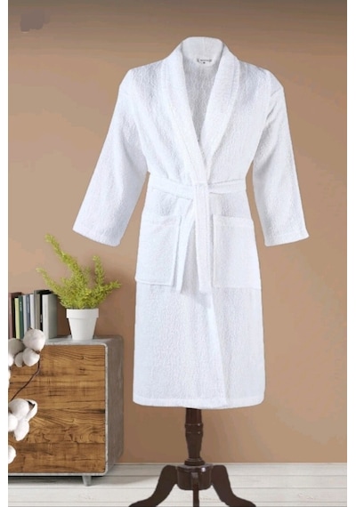 Kapşonlu Welsoft Unisex Peluş Bornoz Sabahlık L Beden Beyaz