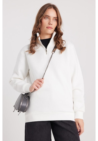 Tudors Kadın Relax Fit Rahat Kesim Pamuklu İçi Polarlı Yarım Fermuarlı Beyaz Dik Yaka Sweatshirt-37887 Beyaz