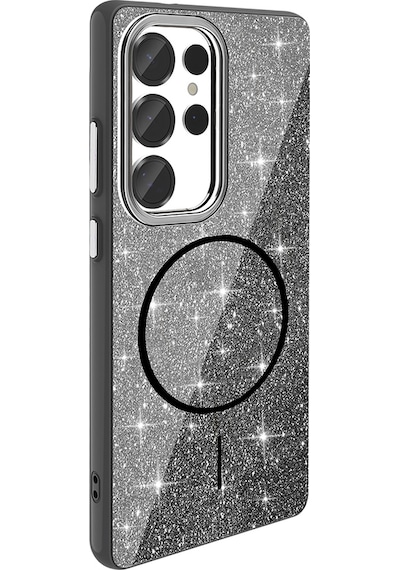 Samsung Galaxy S25 Ultra İçin Magsafe İle Uyumlu Kılıf Parlak Simli Shinig Okso Kapak Siyah