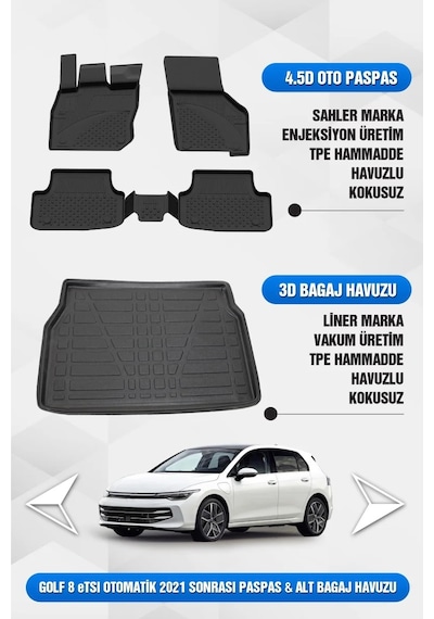 Volkswagen Golf 8/8.5 Otomatik Uyumlu 4.5d Premium Havuzlu Oto Paspas Ve Liner Alt Bagaj Havuzu