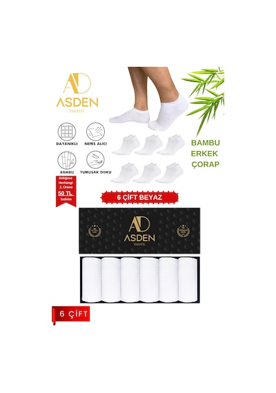 Asden Bambu Erkek Patik Çorap Beyaz Premium Kutu 6'lı, Yıkamalı, Burun Dikişsiz 6 Çift Beyaz