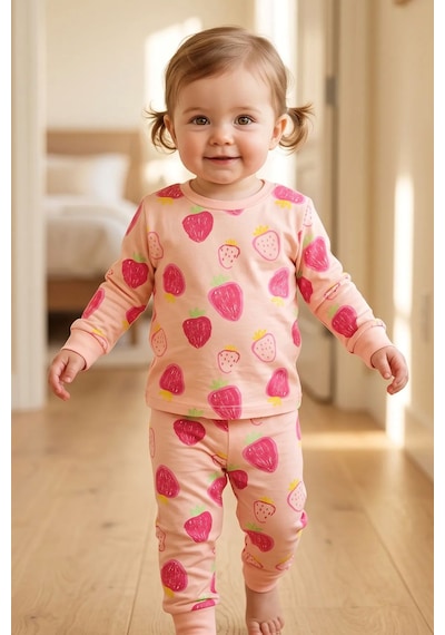 Zuzunga Kız Çocuk Strawberry - Çilek Desenli Uzun Kollu Pijama Takımı Pembe