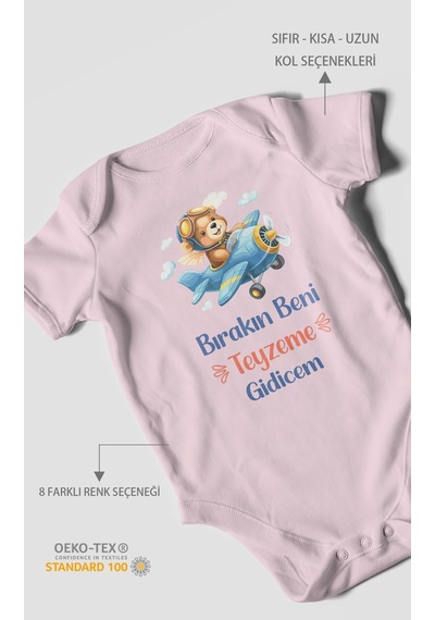 Morivokids Bırakın Beni Teyzeme Gideceğim Kısa Kollu Bebek Body %100 Pamuk Bebe Pembe