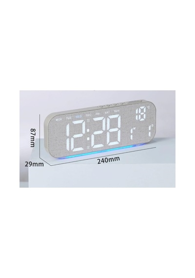 Büyük Ekranlı Ahşap Desenli Dijital Masa Saati 24x9x3 Cm Alarm Çalar Saat Rgb Renkli Led Işıklı Usb Ve Pil Bej