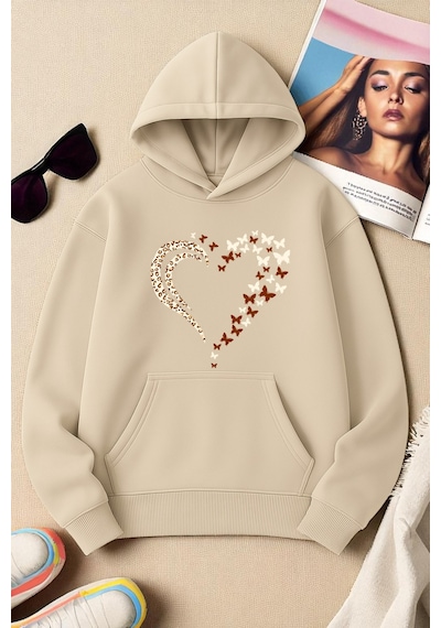 Uyguntarz Unisex Leopar Kalp Desenli Baskılı Oversize Sweatshirt Bej