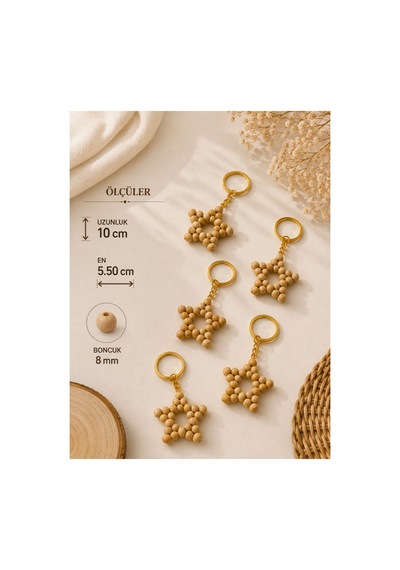 5 Li Yıldız Anahtarlık Premium Zincirli 8mm Ahşap Boncuk Kahverengi - 914949225 Kahverengi - 914949225 Kahverengi