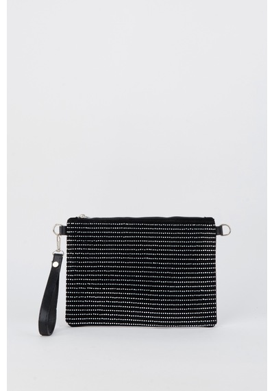 Vivaq Kadın Sıralı Gümüş Taşlı Süet Bilek Askılı Ve Zincir Askılı Portföy El Ve Clutch Çanta SİYAH
