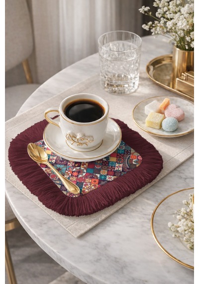 Mozaik Patchwork Saçaklı Sunum Peçetesi-canlı Bohem Renkli Bordo Saçak Bardak Altlığı Servis Mendili Çok Renkli