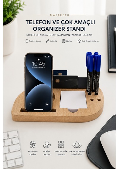 Deskmate Safir Meşe Telefon Standlı Mdf Masaüstü Organizer Kalemlik & Notluk & Kartlık