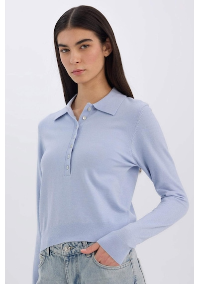 DeFacto Regular Fit Polo Yaka Basic Düz Triko Kazak D6259AX25SPBE250 Mavi