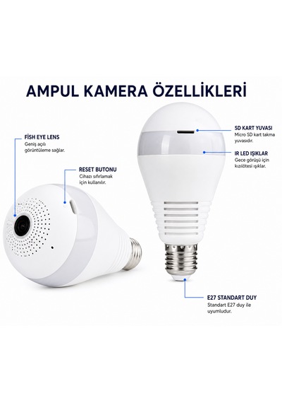 Wifi 360 Panoramik Ampul Kamera E27 Duy Uyumlu, Gece Görüşlü, Hareket Algılamalı, Çift Yönlü Ses, Micro Sd Kart Destekli Güvenlik Kamerası