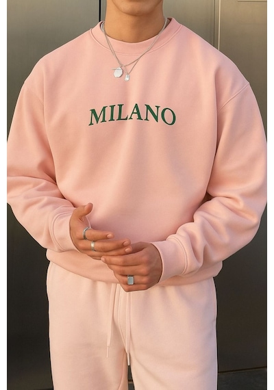 Benroma 3 İplik Penye Milano Baskılı Unisex Sweatshırt Pembe