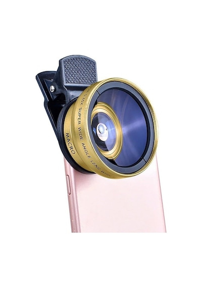 2'si 1 Arada Klipsli Telefon Kamera Lensi 0.45x Ultra Geniş Açı 10x Makro 37mm Evrensel 49mm Uv Port Gold