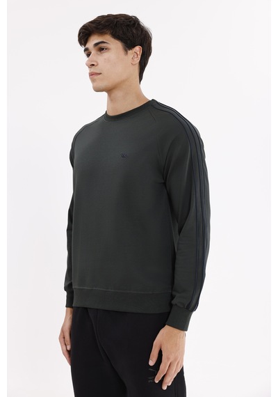 Rowinger Çift Şeritli Raglan Kol Minimal Logolu Bisiklet Yaka Sweatshirt Haki