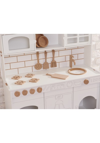 Boyalı Beyaz Ahşap Oyuncak Bulaşık Makine Detaylı Mutfak Tabak Ve Spatula Seti Hediye