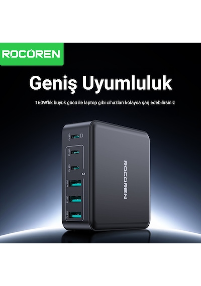 Rocoren 160w 3 Type-c Ve 3 Usb-a 6 Portlu Şarj Cihazı Laptop Uyumlu Gan Masaüstü Şarj İstasyonu