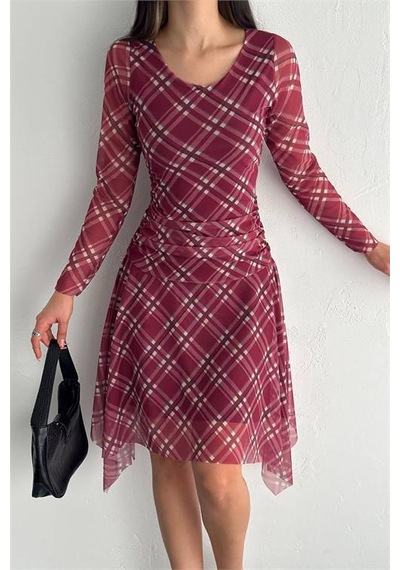 Dipmoda Kadın Mini Boy Desenli Asimetrik Tül Elbise Dpk4162 Bordo