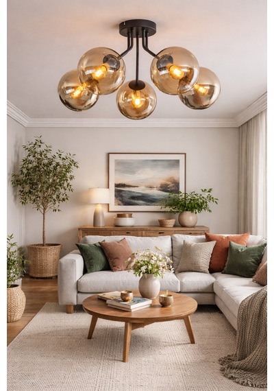 Venüs Modern Plofonyer Beşli Camlı Avize Oturma Salon Yatak Odası 5li Avize Gri