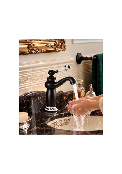 Rena Design Rustik Siyah Lavabo Bataryası Banyo Musluğu Eskitme Porselen Işleme Armatür Otantik Retro