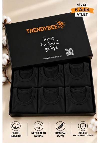Trendybee Gümüş- Erkek Siyah Atlet 6'lı Paket Özel Kutusunda %100 Pamuk Rahat Ve Şık Tasarım