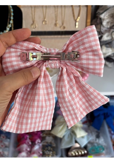 Pötikare Desenli Pembe Büyük Fiyonk Toka - Fransız Tarzı Retro Toka Açık Pembe